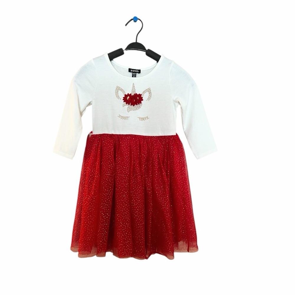 NWT Zunie Girls Unicorn Tulle Dress Red White Holiday Size 5